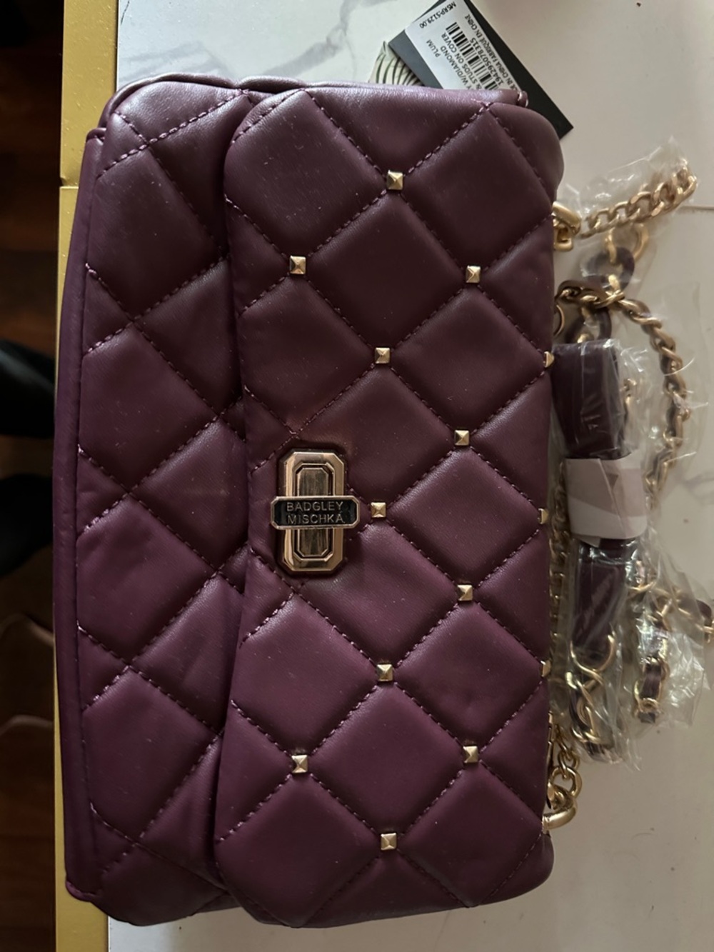 Badgley Mischka Quilted Deep Plum/Maroon Crossbody with Gold Chain